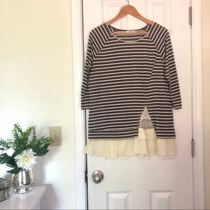 Charcoal & striped top with ivory ruffle
